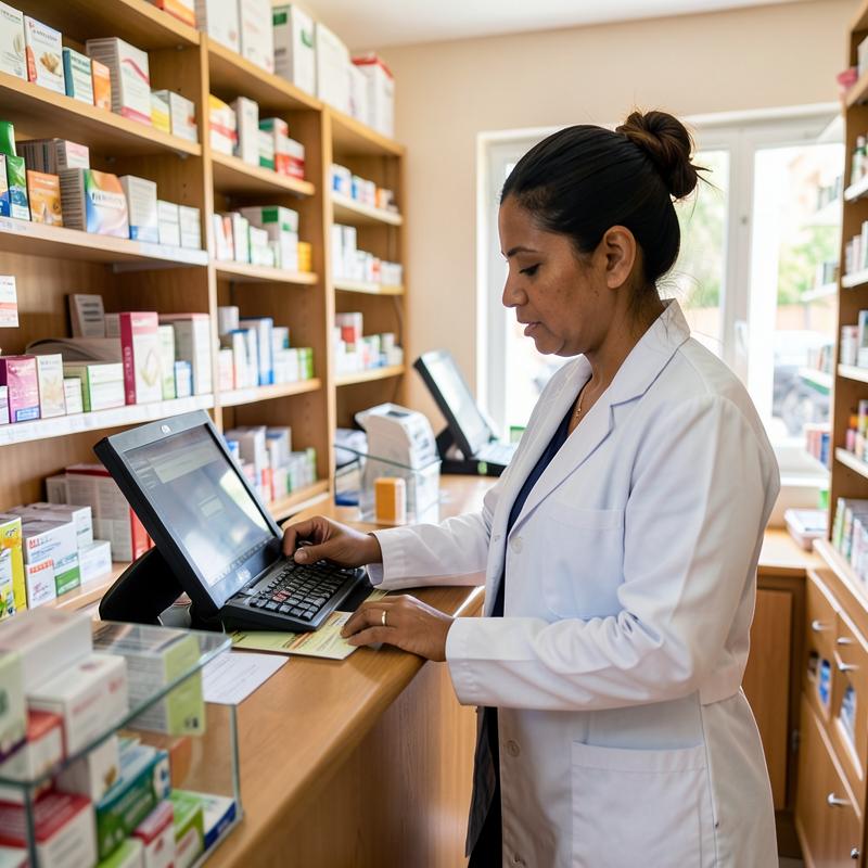 Carolina, alumna boliviana, trabajando como auxiliar en una farmacia