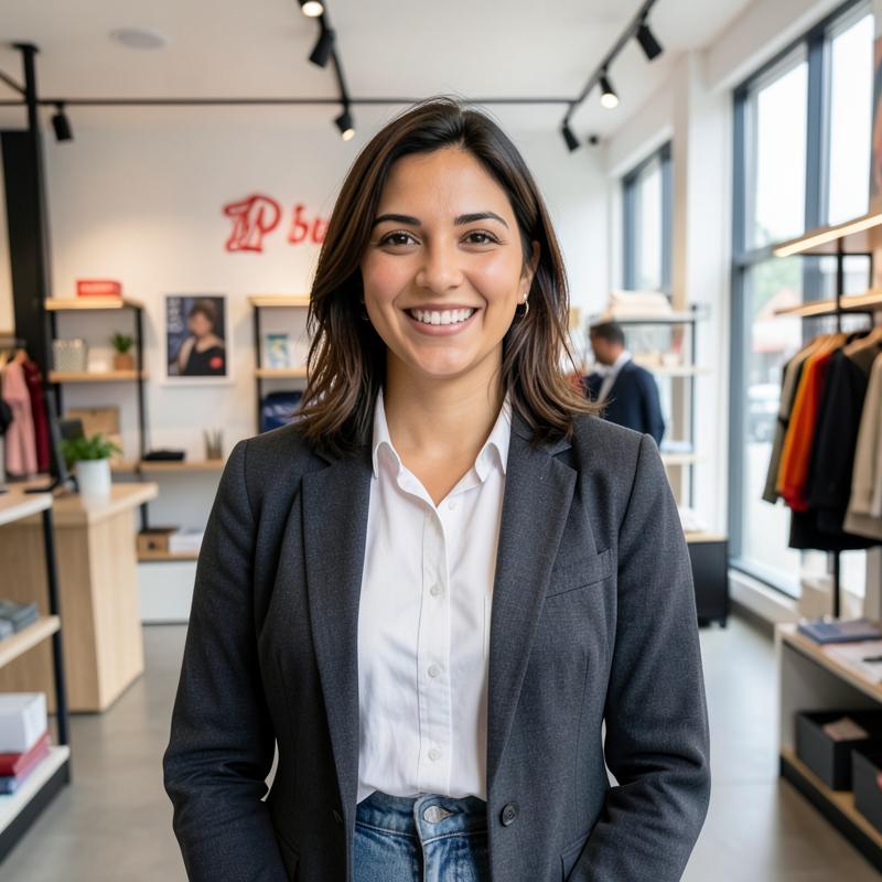 Mariana, alumna venezolana, trabajando en atención al cliente en una tienda