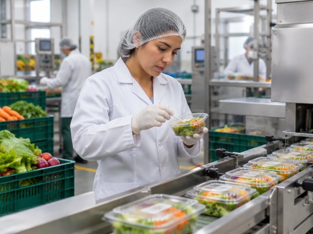 Técnica de calidad agroalimentaria inspeccionando producto envasado en una planta de producción