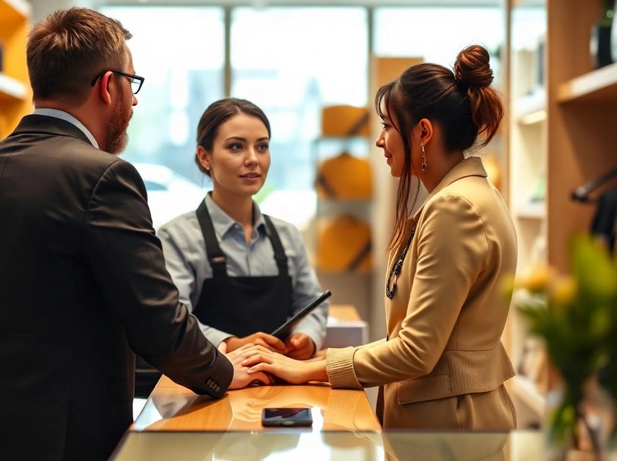 Profesional de atención al cliente asesorando a una clienta en un comercio