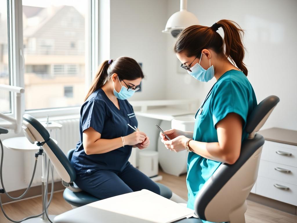 Auxiliar de clínica dental preparando instrumental junto al sillón
