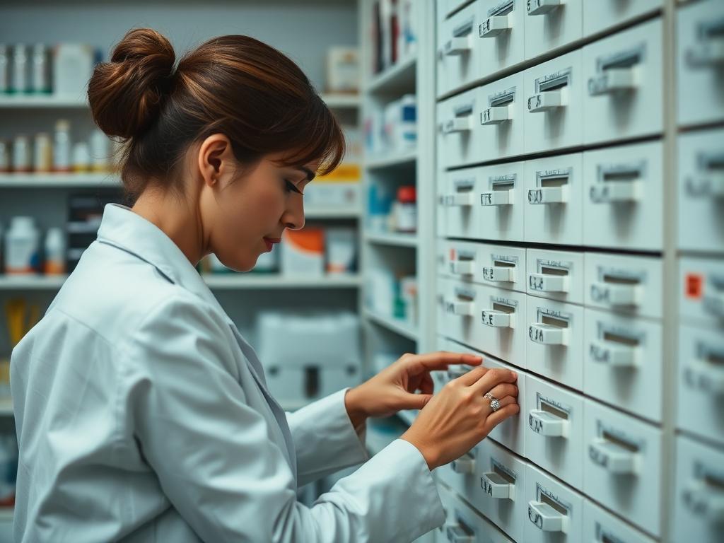 Auxiliar de farmacia organizando cajones de medicamentos en una farmacia